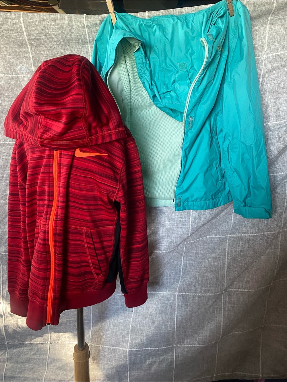 Nike Kids Red Striped Hoodie with Orange Accent & Teal Raincoat